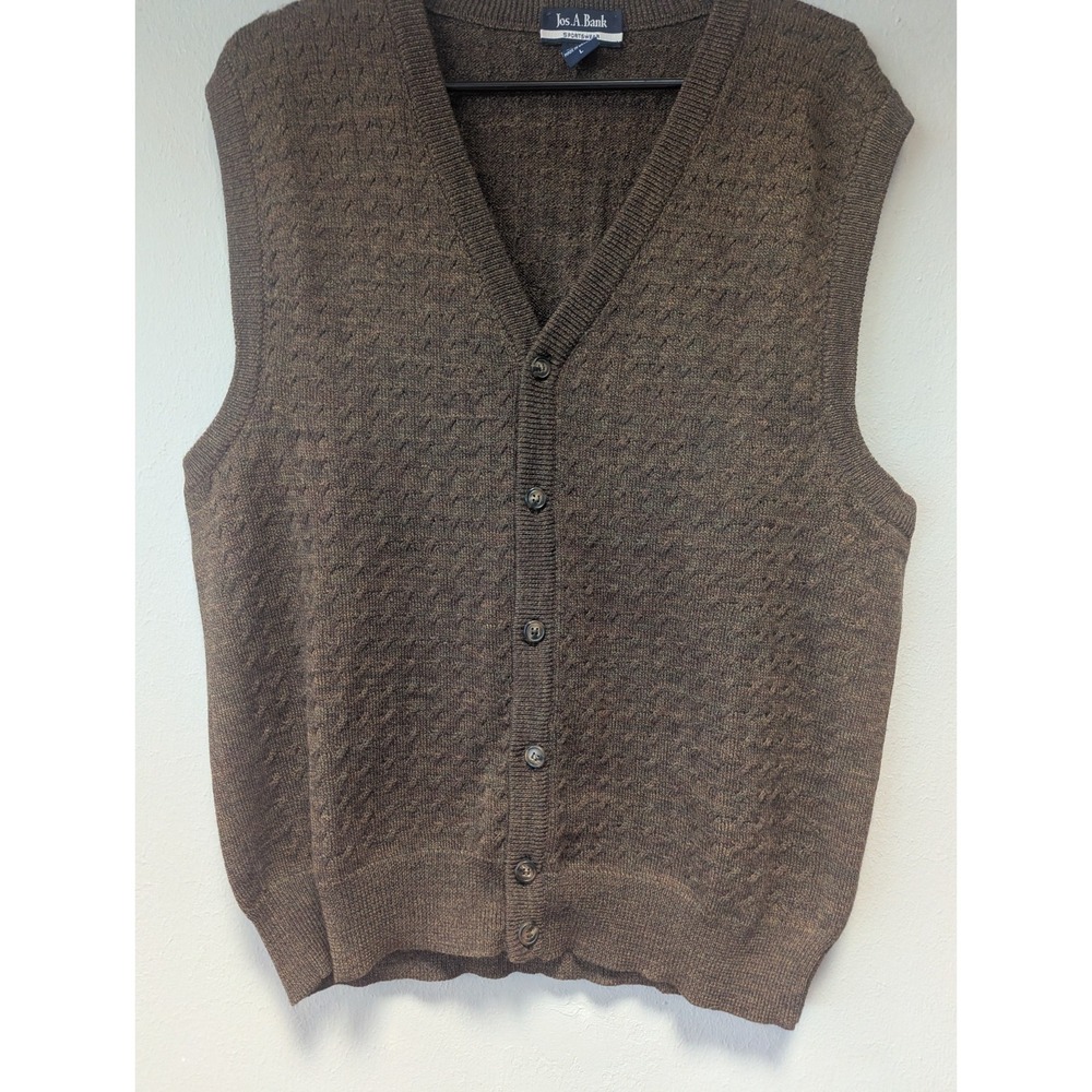 Jos A Bank‎ Merino Wool Sweater Vest Mens L Brown Cable Knit Button Front Y2K
